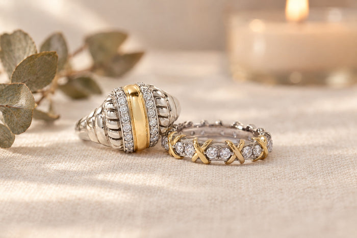 Idalia and Giana rings styled for the holidays with eucalyptus and candlelight