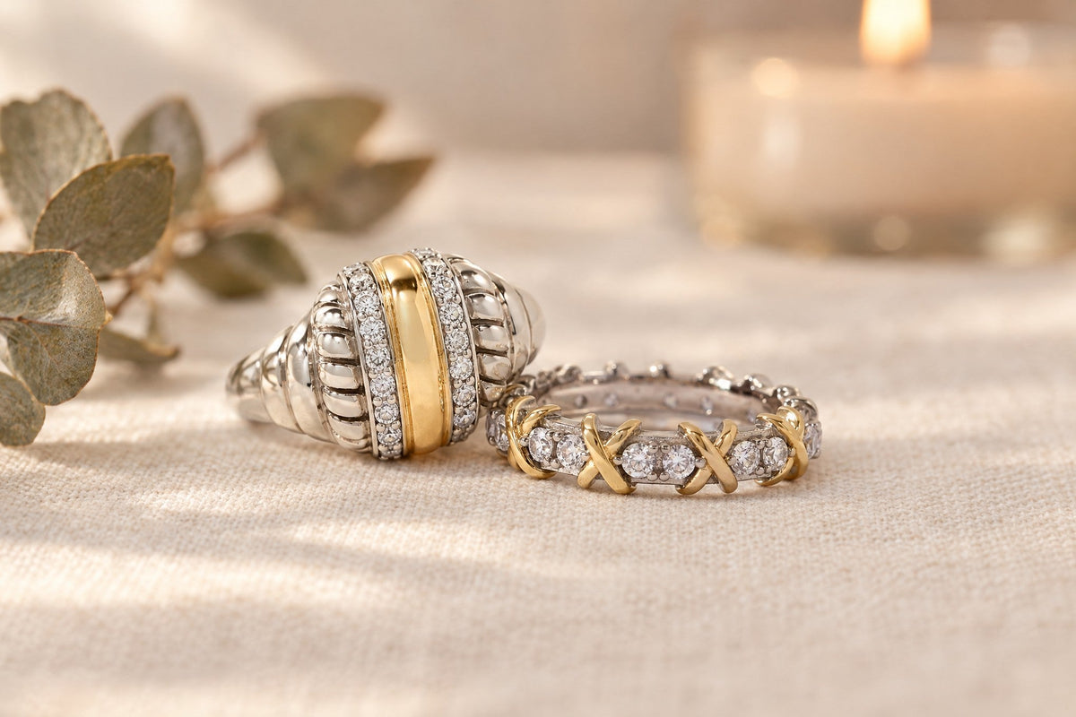 Idalia and Giana rings styled for the holidays with eucalyptus and candlelight