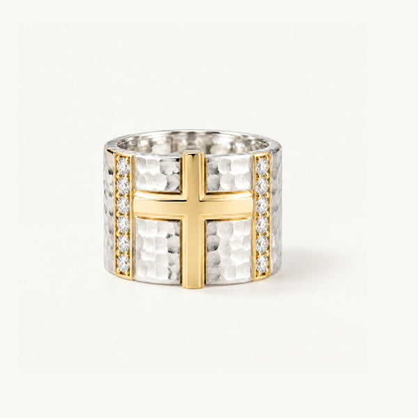 Vesper Wide Cross Ring in 925 sterling silver and 14k gold filled, front view