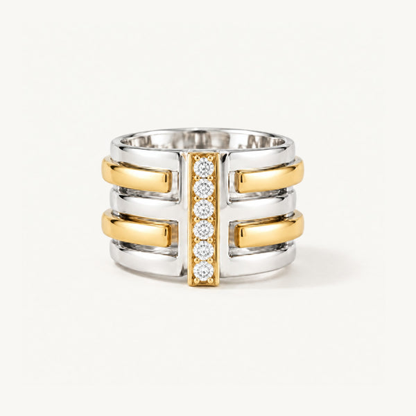 Gilded Ribbed Pavé Ring in 925 sterling silver and 14k gold filled, front view