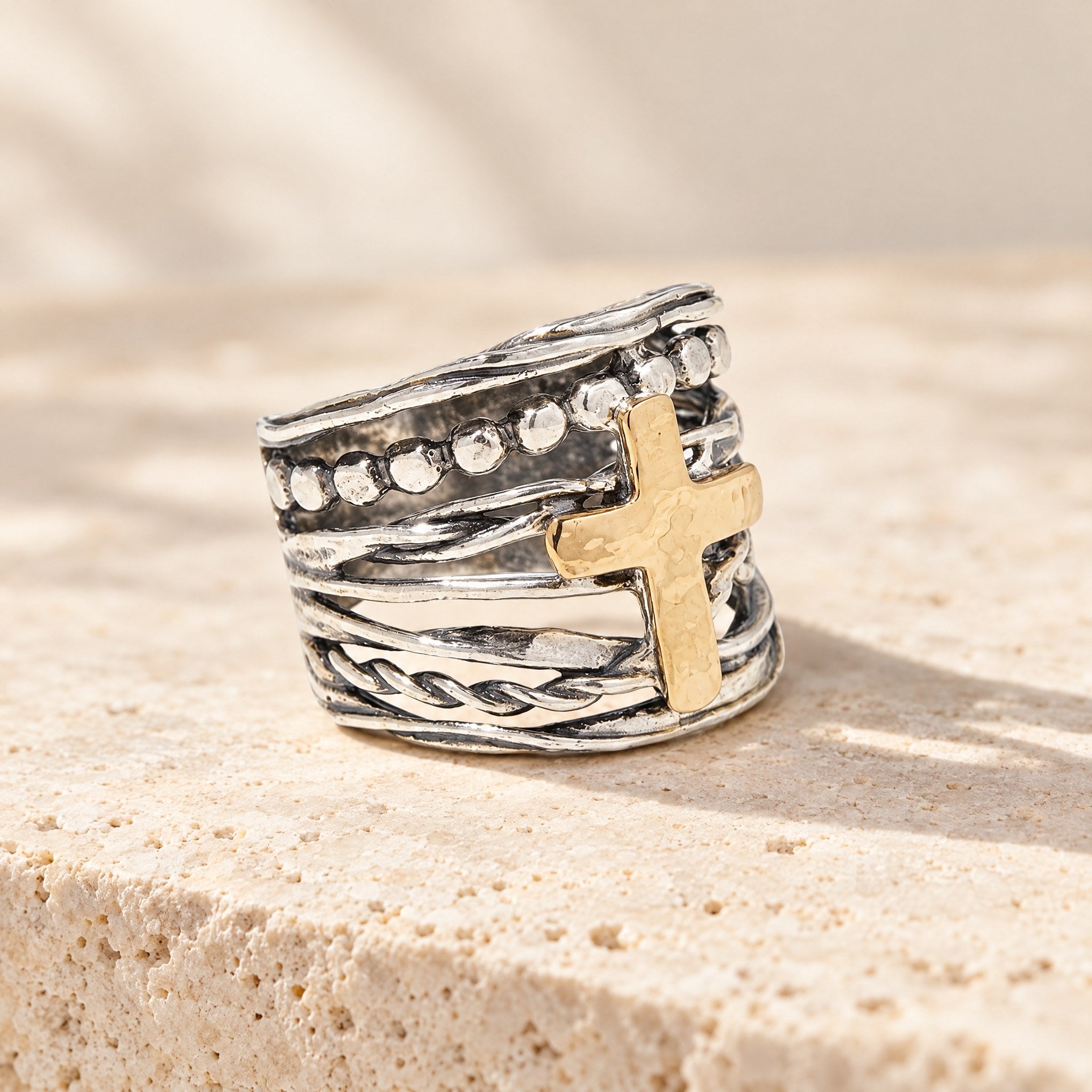Abby Cross Ring in Sterling Silver & 14k Gold | Ideaure