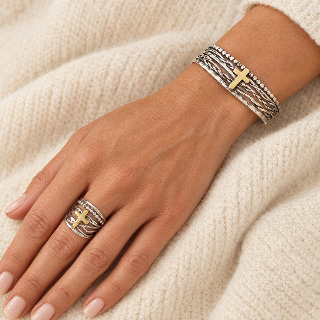 Abby Cross Ring worn with the Abby Cross Bracelet