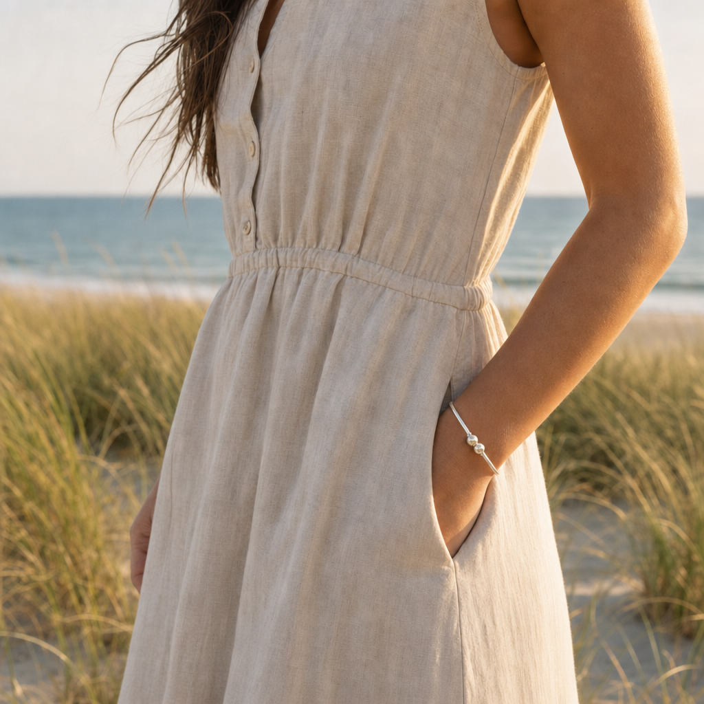 Coastal Double Ball Bracelet in All Sterling Silver, worn by a model, Ideaure photo