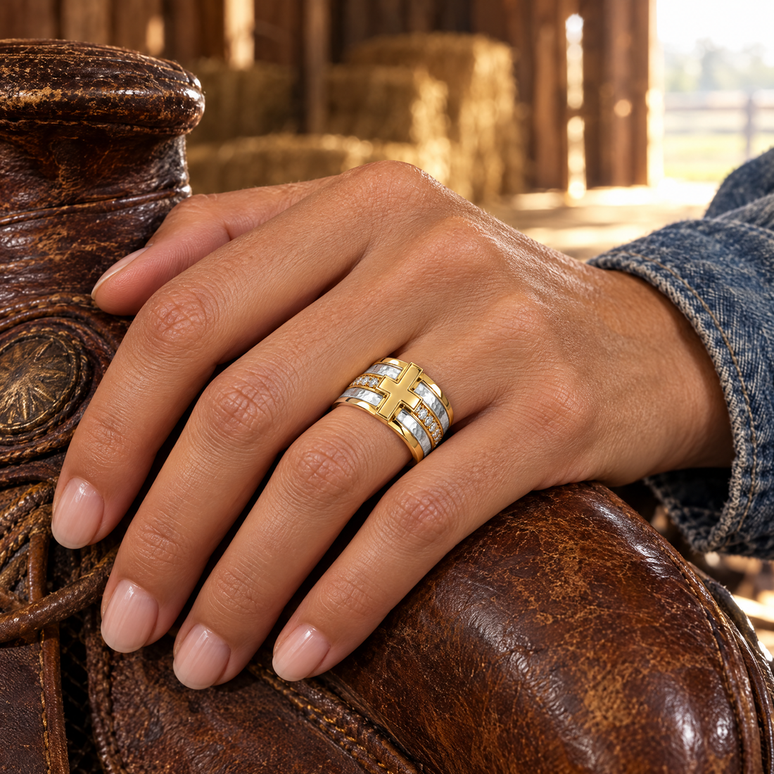 Bold Cross Pavé Band Ring worn on a hand, cedar rail and golden aspens, Ideaure photo