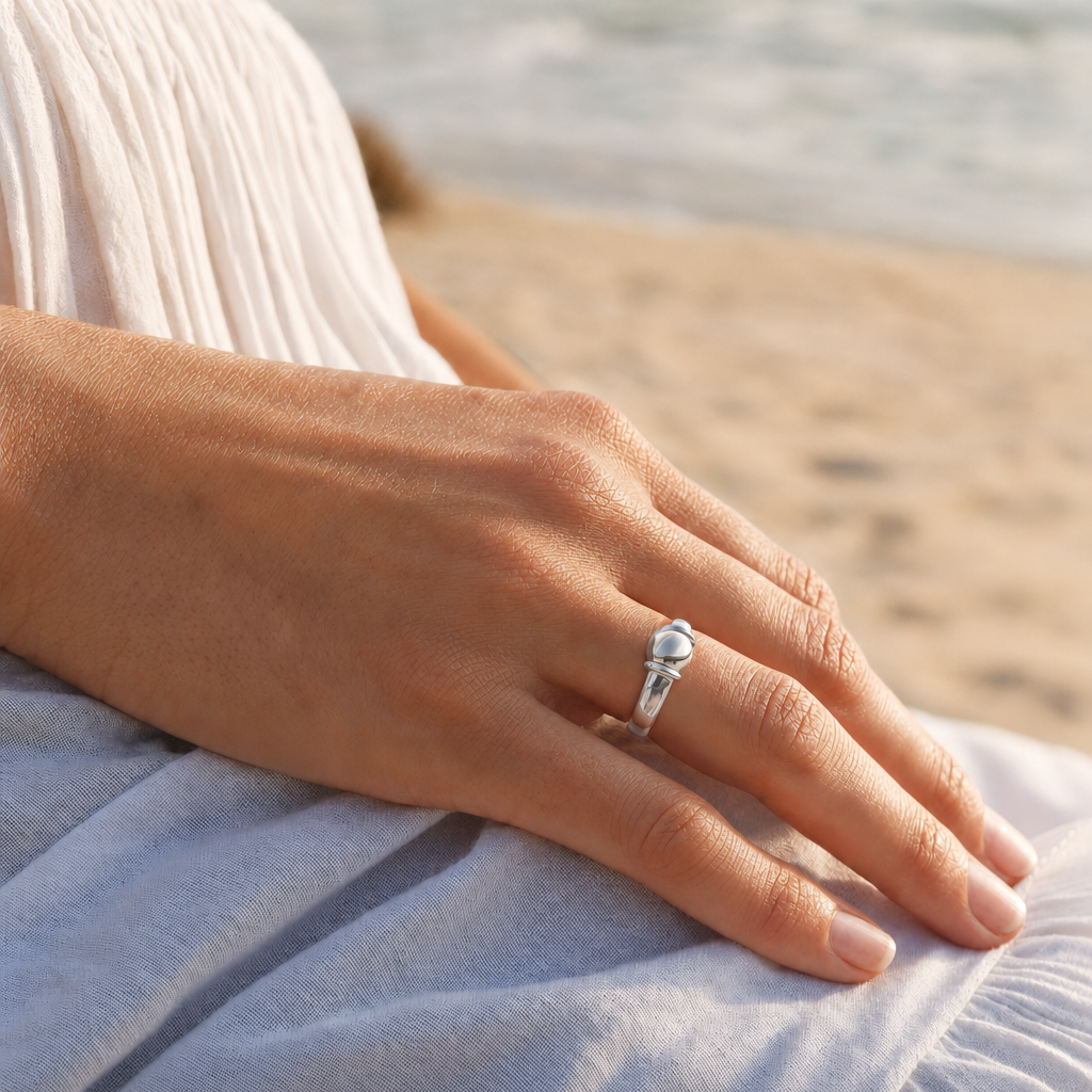 Coastal Ball Ring in All Sterling Silver, worn by a model, Ideaure photo