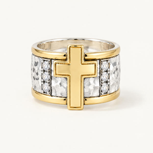 Vesper Cross Column Ring in 925 sterling silver and 14k gold filled, front view