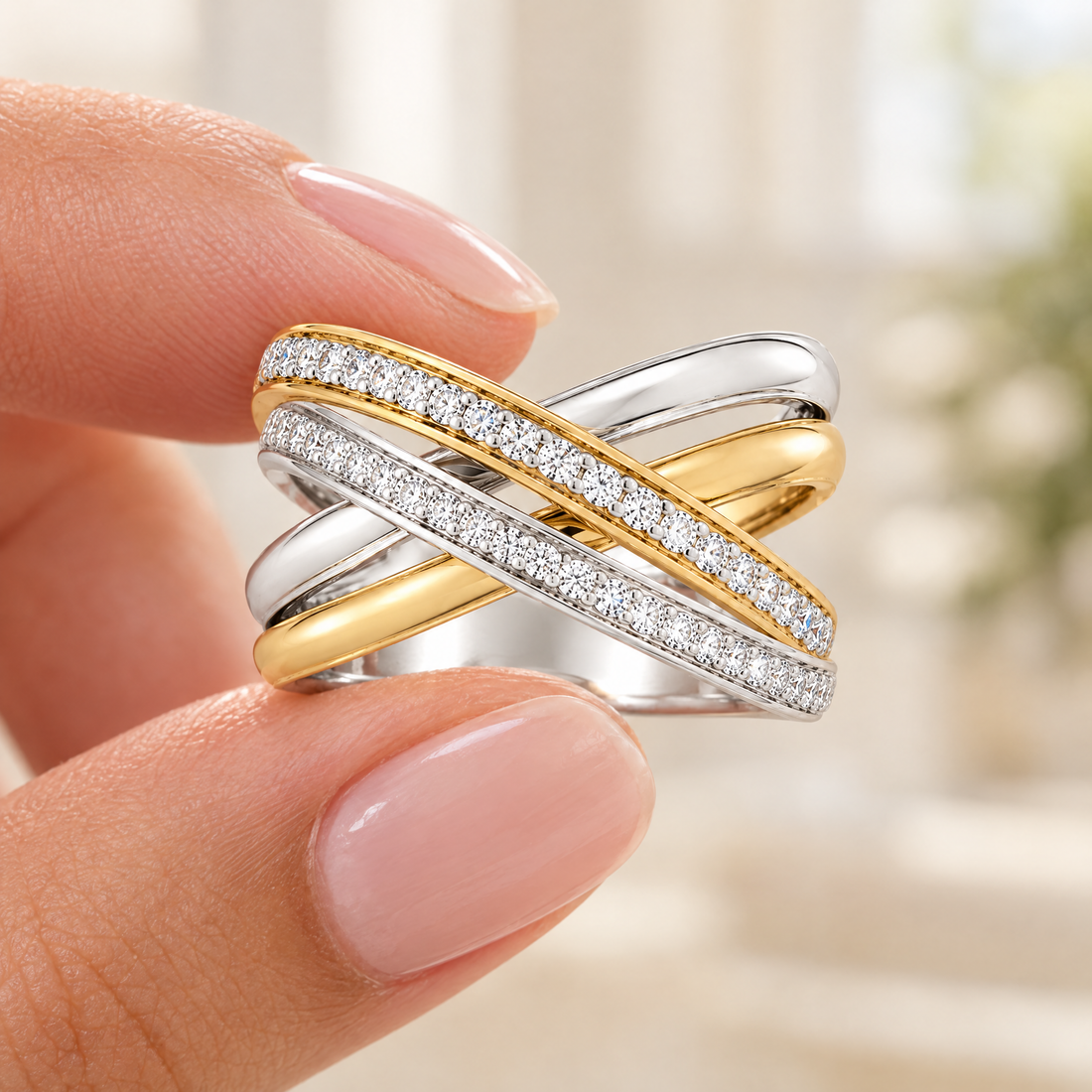 Crossover Pavé Ring held in fingertips