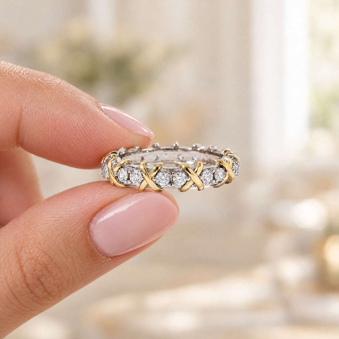 Giana Gemstone Ring held between fingertips, showing its slim band