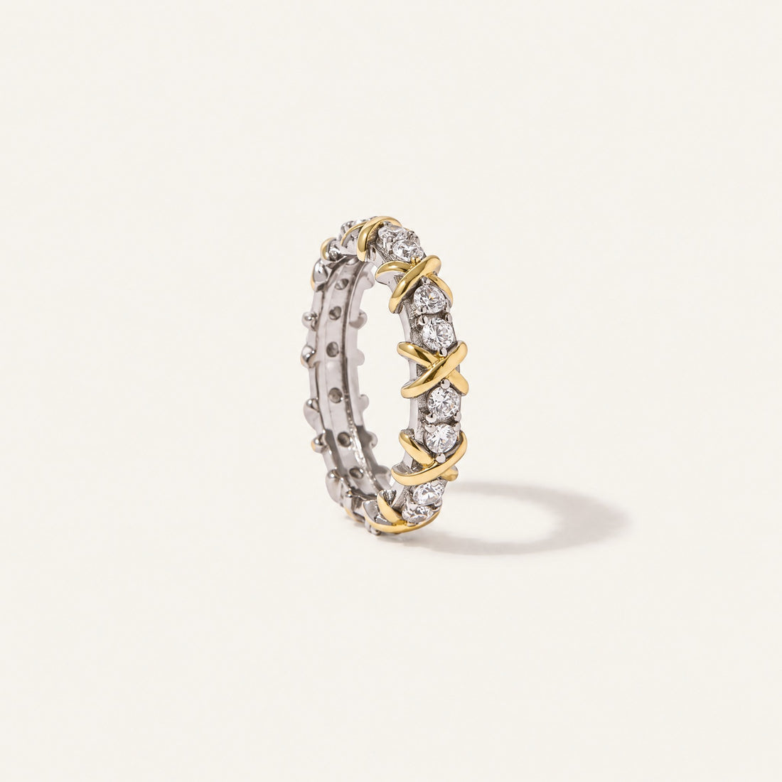 Giana Gemstone Ring standing upright, side view of the X wraps