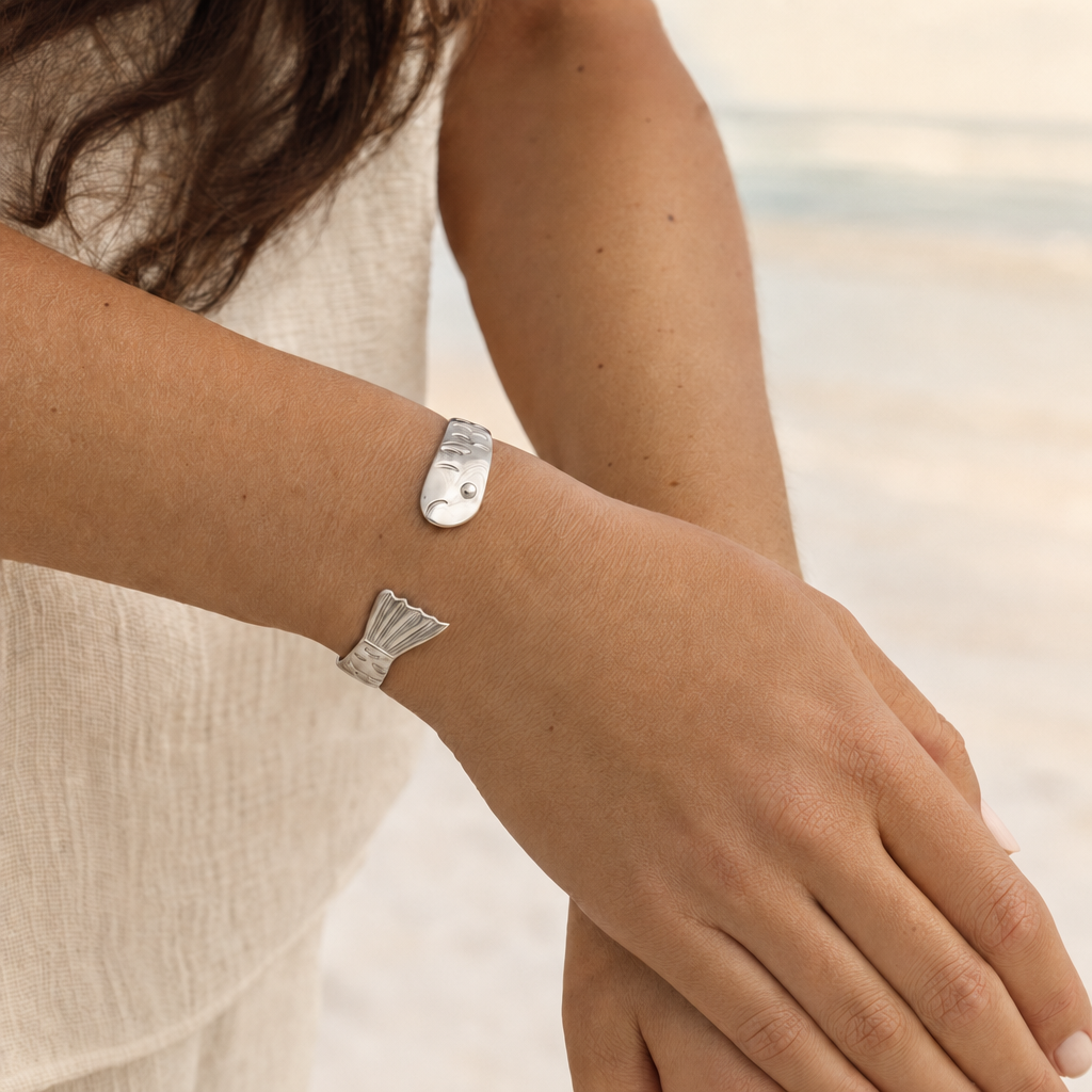 Harbor Fish Cuff Bracelet in All Sterling Silver, worn by a model, Ideaure photo