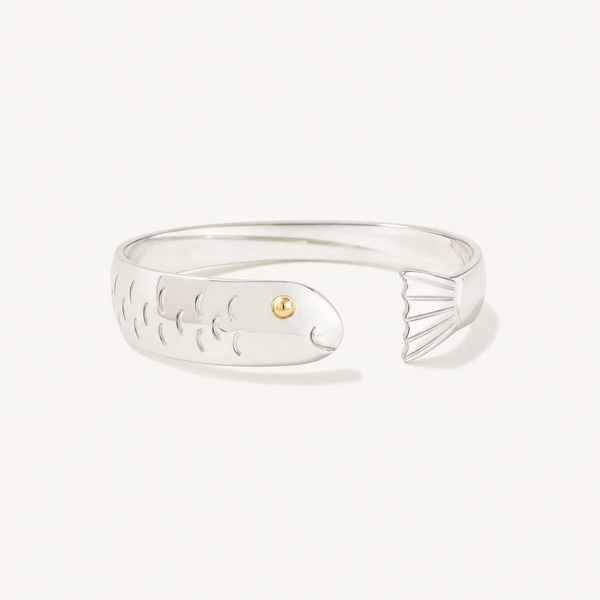 Harbor Fish Cuff Bracelet in Sterling Silver with 14k Gold Filled Eye, Ideaure listing photo
