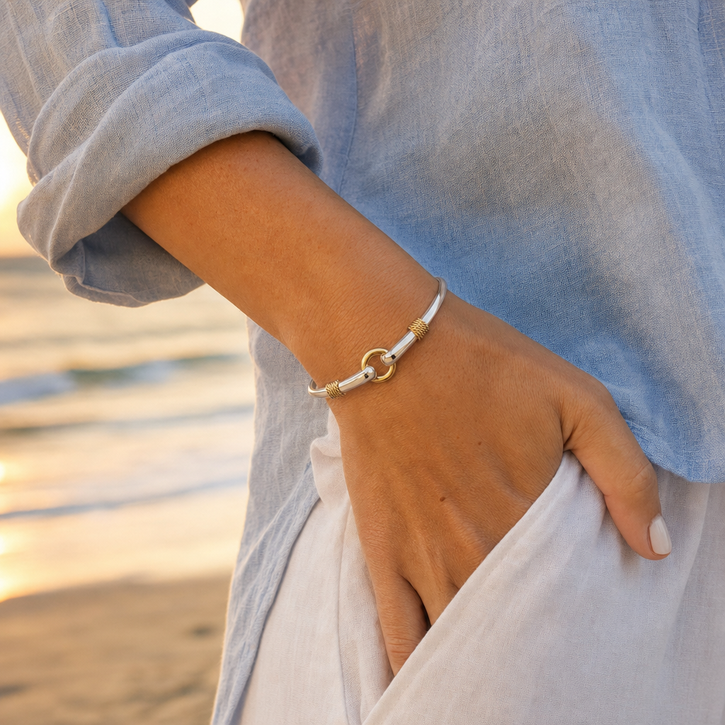 Harbor Porthole Hook Bracelet in Sterling Silver with 14k Gold Filled Ring, worn by a model, Ideaure photo