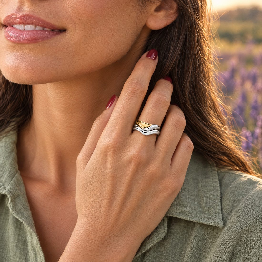 Ripple Wave Ring worn with a sage green linen shirt, a lavender field at golden hour
