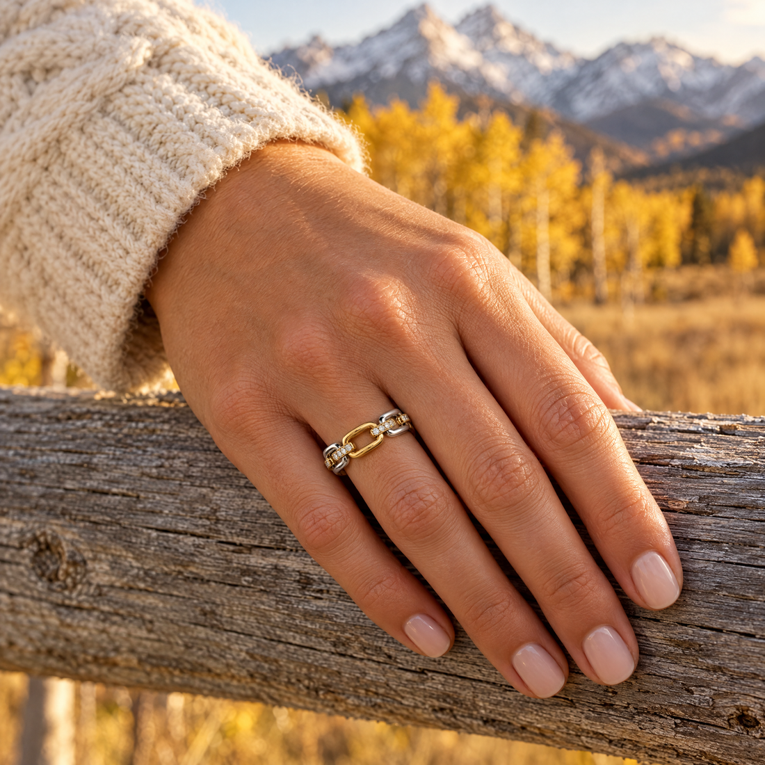 Paperclip Link Ring worn on a hand, cedar rail and golden aspens, Ideaure photo