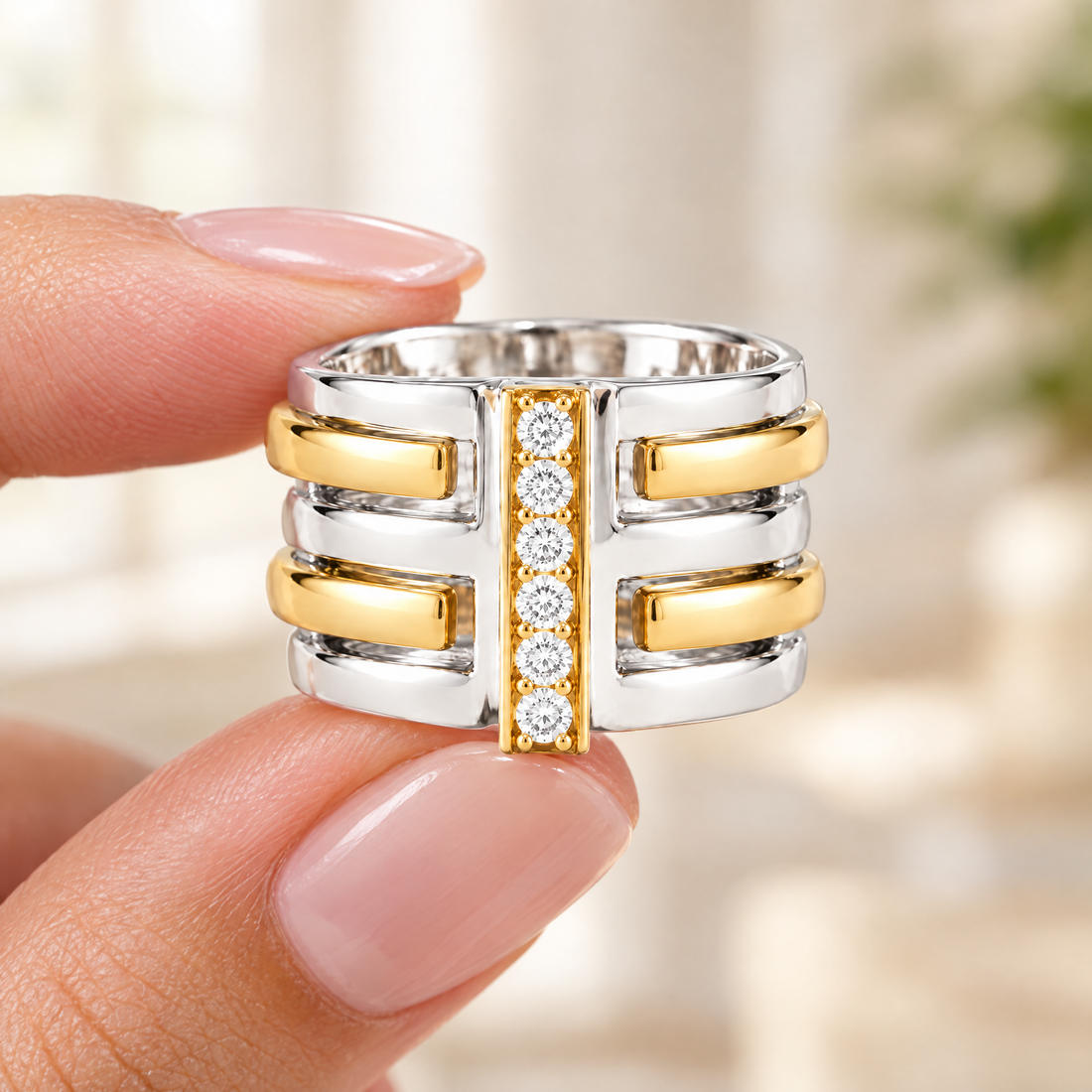 Ribbed Bar Pavé Ring held in fingertips