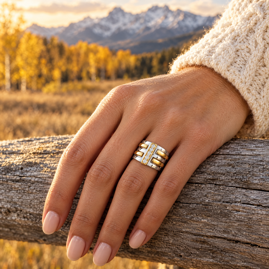 Ribbed Bar Pavé Ring worn on a hand, cedar rail and golden aspens, Ideaure photo