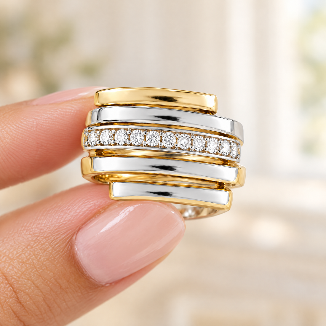 Staggered Bar Pavé Ring held in fingertips
