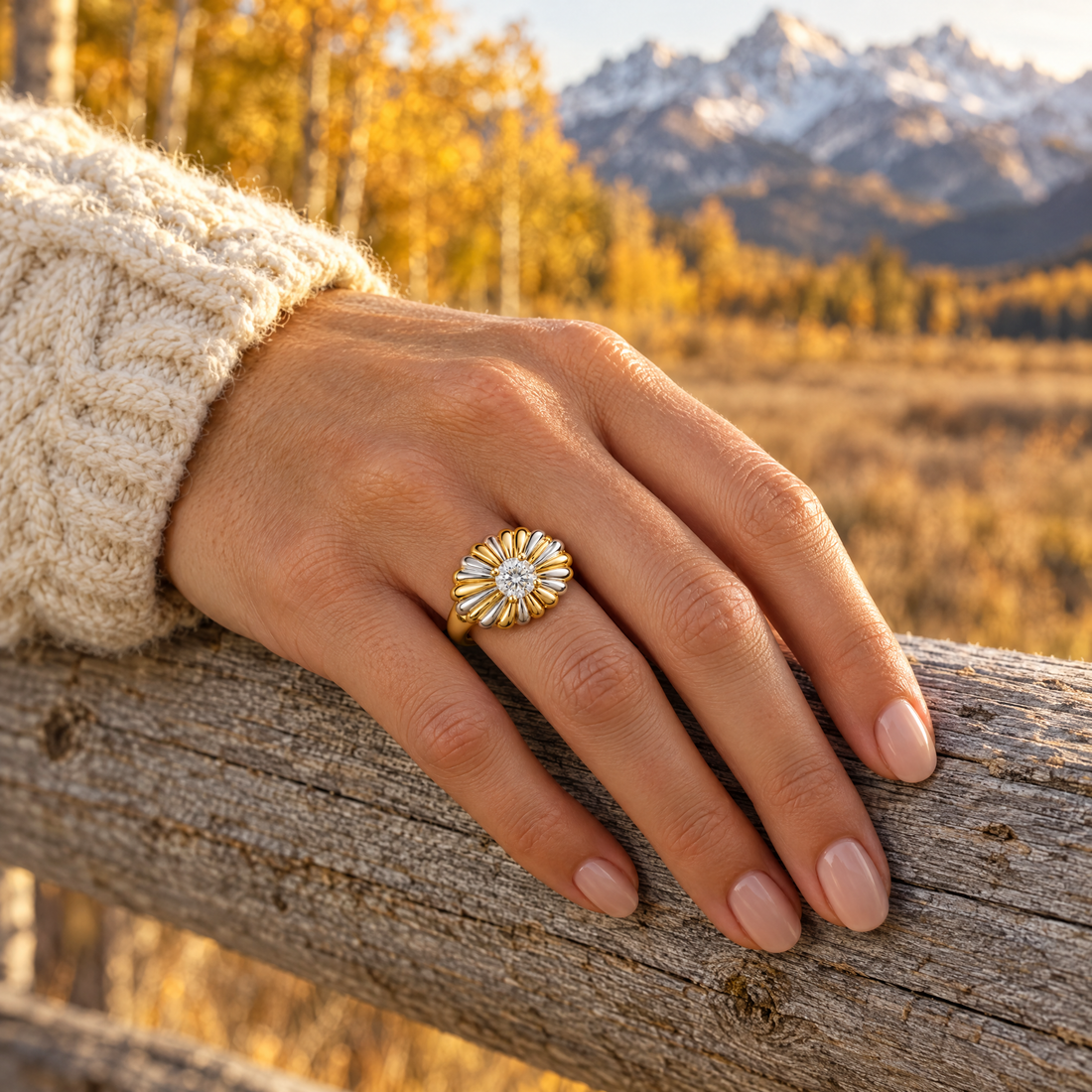Sunburst Signet Ring worn on a hand, cedar rail and golden aspens, Ideaure photo